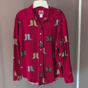 Barn Fly Western Red Button Down With Cowboy Boots 100% Cotton Size Large